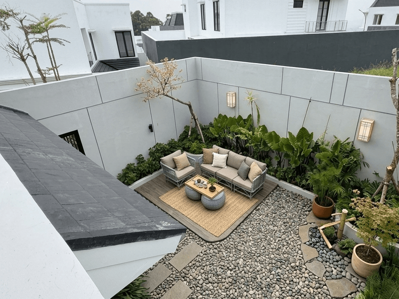 Taman kering belakang rumah dengan dekorasi batu coral dan tanaman hijau