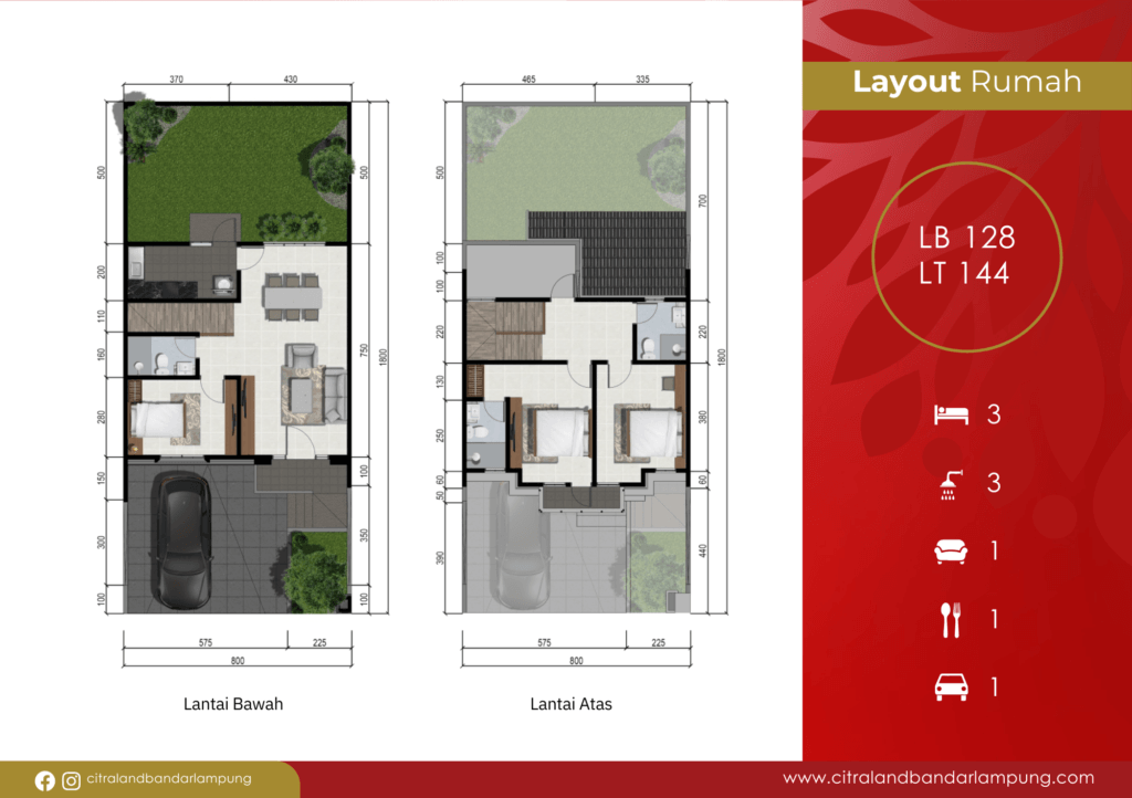Two-floor house plan showing ground and upper level layouts with rooms, yard, and measurements (Layout Rumah).