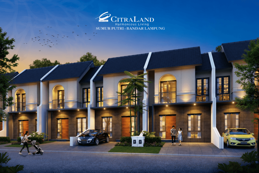 Visual promosi Rumah 2M di kawasan hunian CitraLand Bandar Lampung. Menampilkan deretan rumah dua lantai bergaya modern saat senja. Fasad rumah didominasi warna netral dengan aksen gelap, jendela tinggi, pencahayaan hangat, dan carport di bagian depan. Terlihat elemen kehidupan kawasan seperti mobil terparkir, pasangan berjalan di depan rumah, serta seorang ibu mendorong stroller, dengan logo CitraLand dan tulisan “Harmonious Living” di bagian atas gambar.
