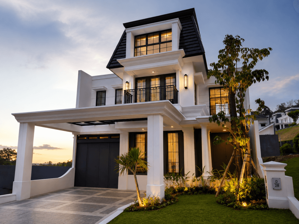 Rumah dengan attic room bergaya modern klasik berwarna putih dengan aksen atap hitam, difoto dari sudut depan saat senja. Fasad rumah menampilkan carport luas, balkon lantai dua dengan railing hitam, jendela-jendela besar berbingkai hitam, serta pencahayaan hangat dari dalam rumah dan lampu taman. Area depan dilengkapi taman hijau rapi dengan pohon dan lanskap yang tertata, sementara langit berawan lembut di latar belakang menambah kesan elegan dan premium.